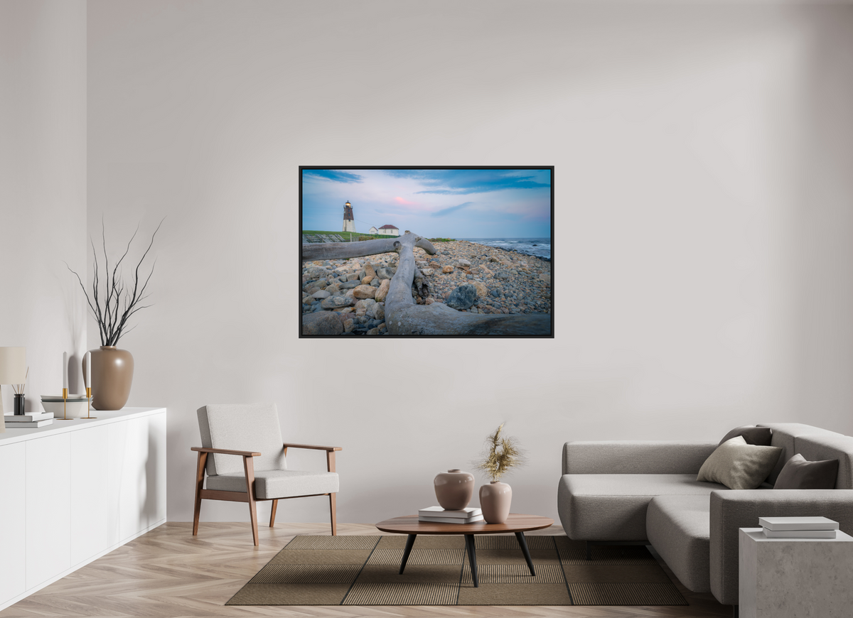 60 x 40″, Premium Photo Print under Acrylic Glass with Black Wood Floater Frame Driftwood at Pt. Judith Lighthouse