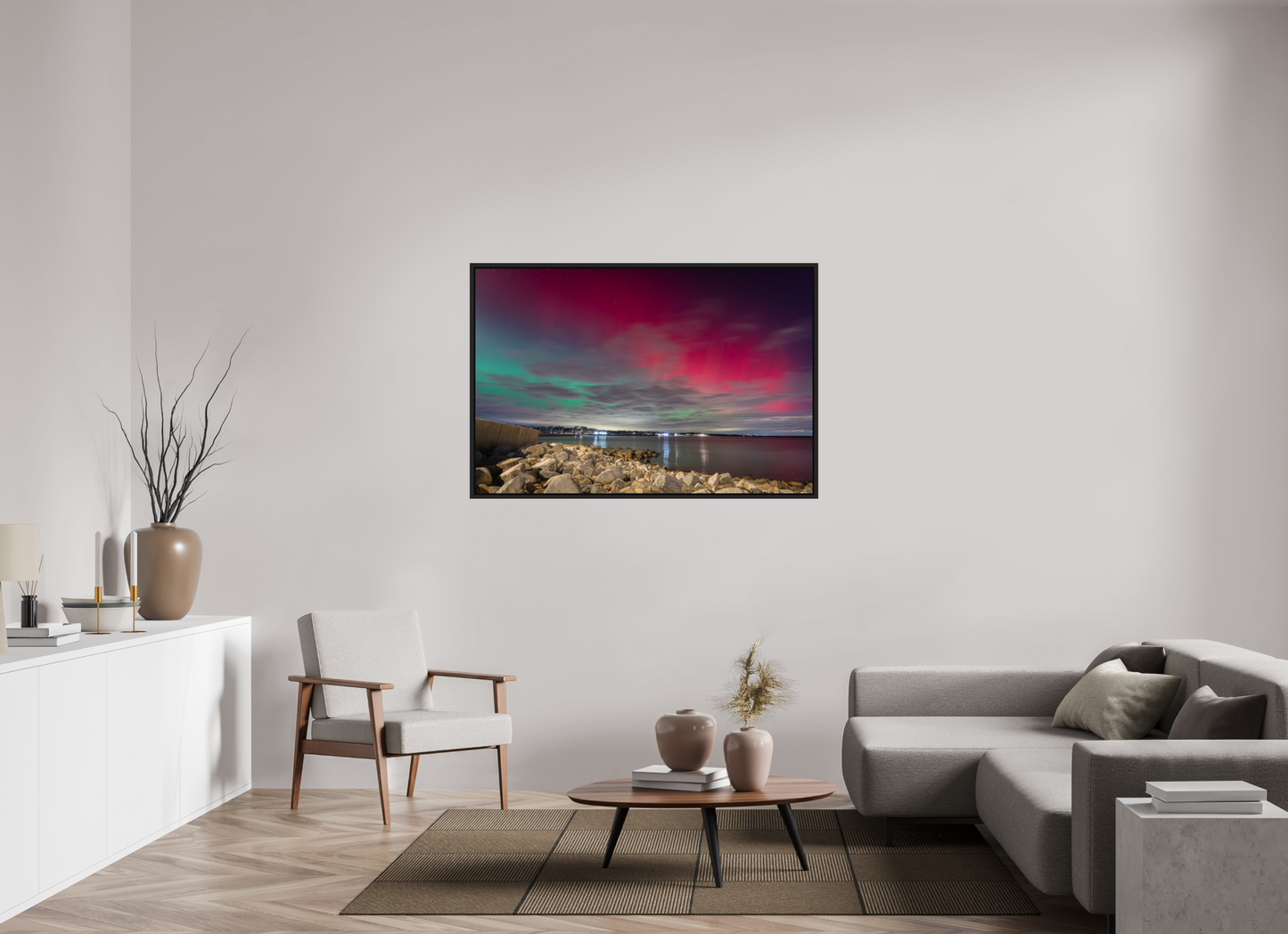 54 x 36″, Premium ChromaLuxe HD Aluminum Metal Print with Black Wood Floater Frame The Aurora Borealis over Narragansett Beach