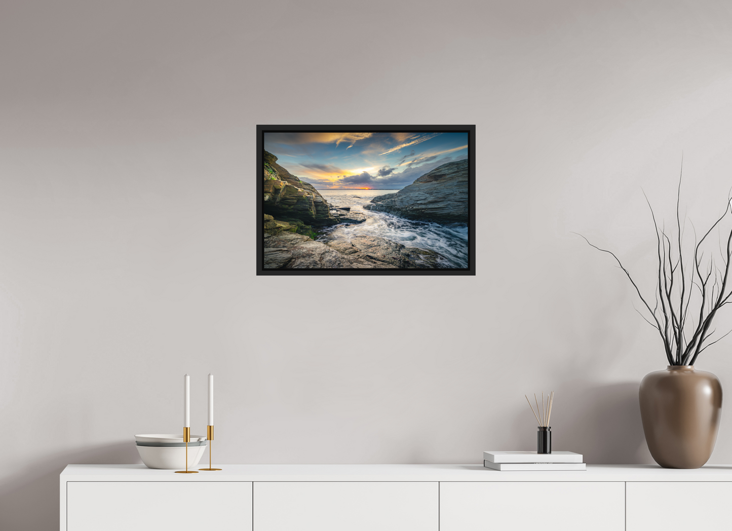 24 x 16″, ChromaLuxe HD Metal Print with Black Wood Floater Frame Vanishing Sun