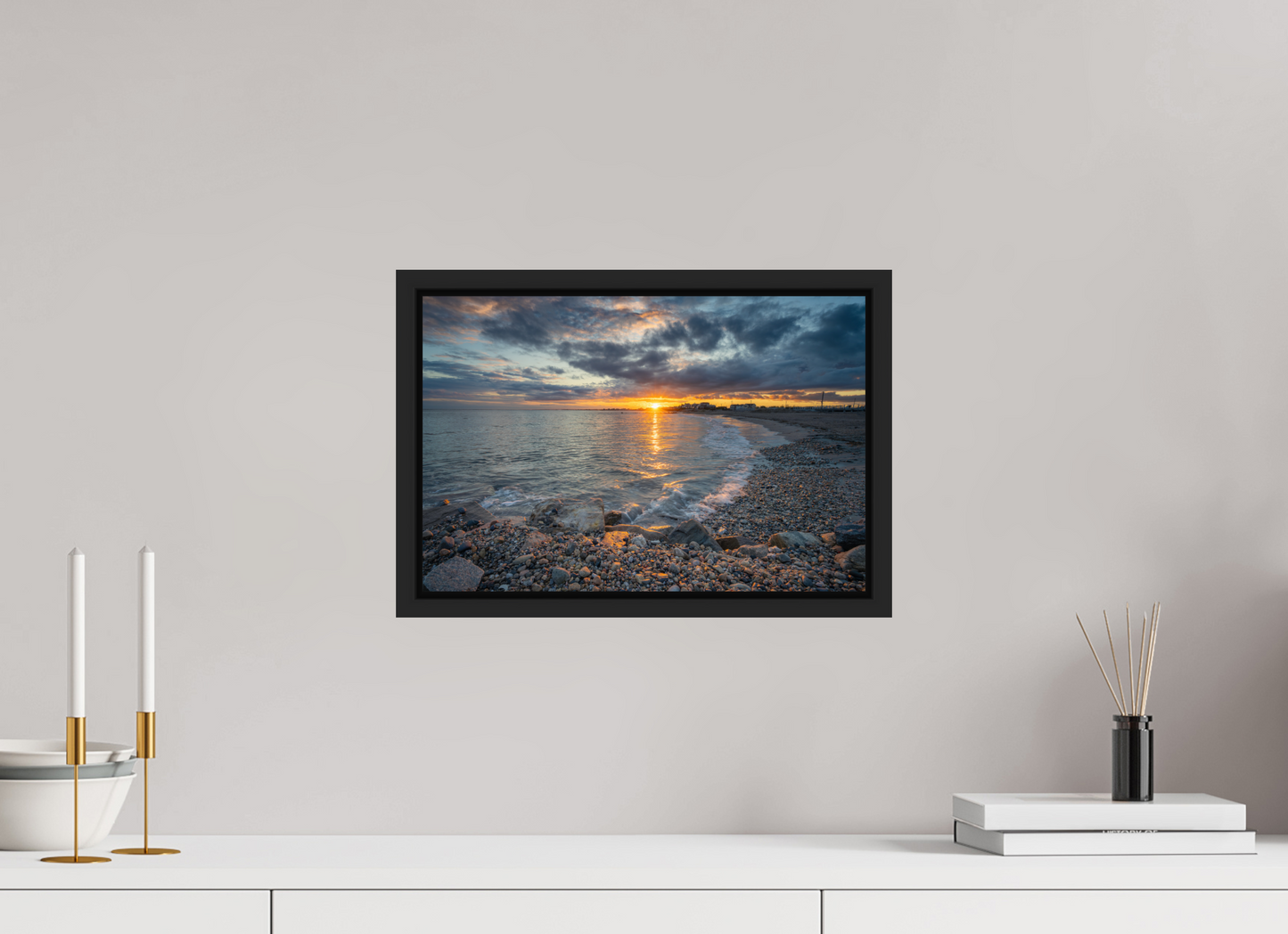 15 x 10″, Premium Photo Print under Acrylic Glass with Black Wood Floater Frame Roger Wheeler State Beach Sunset