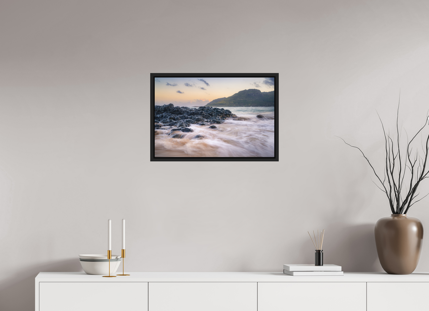 24 x 16″, Photo Print under Acrylic Glass with Black Wood Floater Frame Lihue Sunset