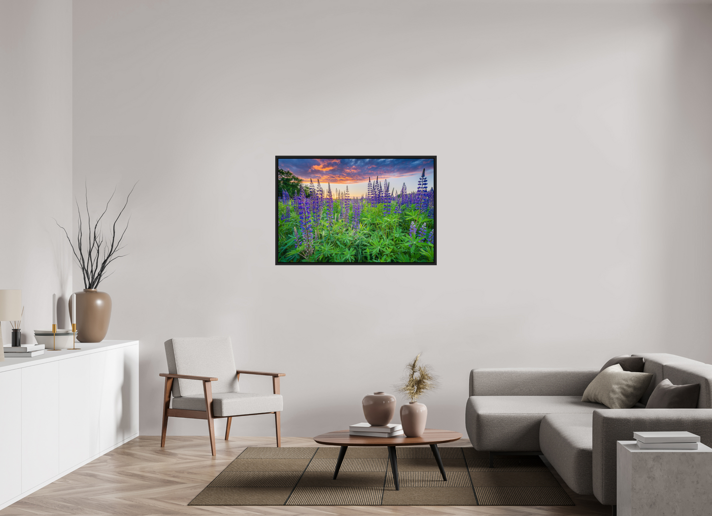 45 x 30″, Premium Photo Print under Acrylic Glass with Black Wood Floater Frame Lupine Sunset