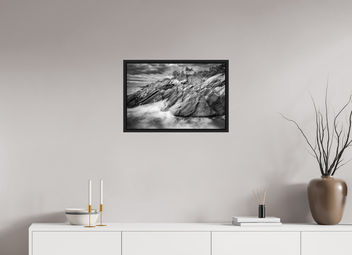 24 x 16″, Photo Print under Acrylic Glass with Black Wood Floater Frame Rough Seas Against Beavertail Cliffs