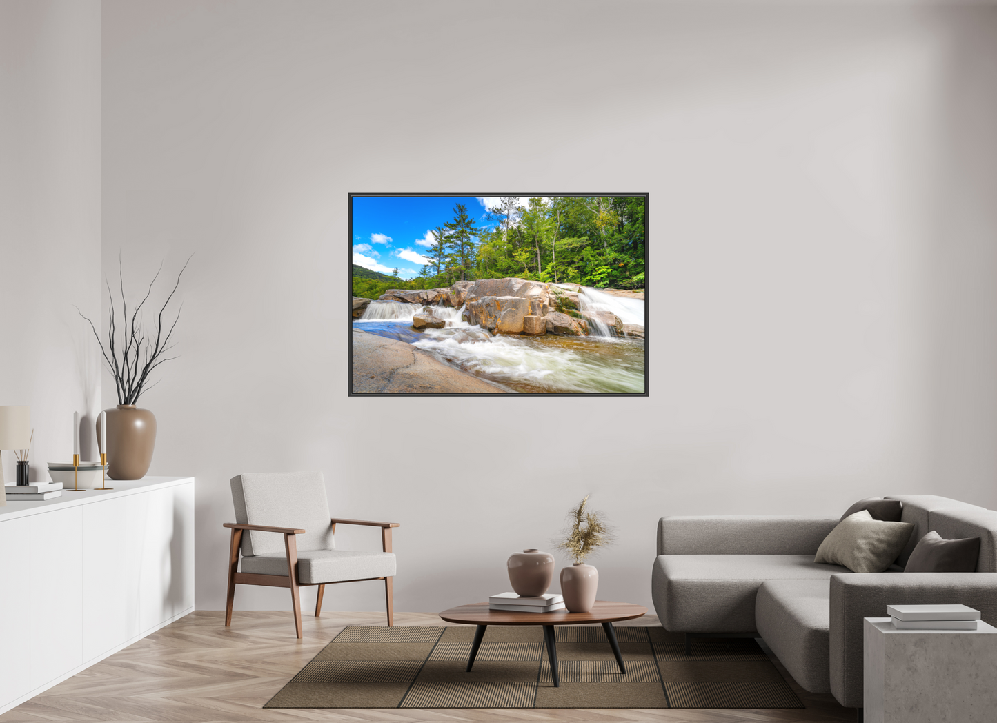 60 x 40″, Matte Canvas Print with Black Wood Floater Frame Kancamagus Waterfall
