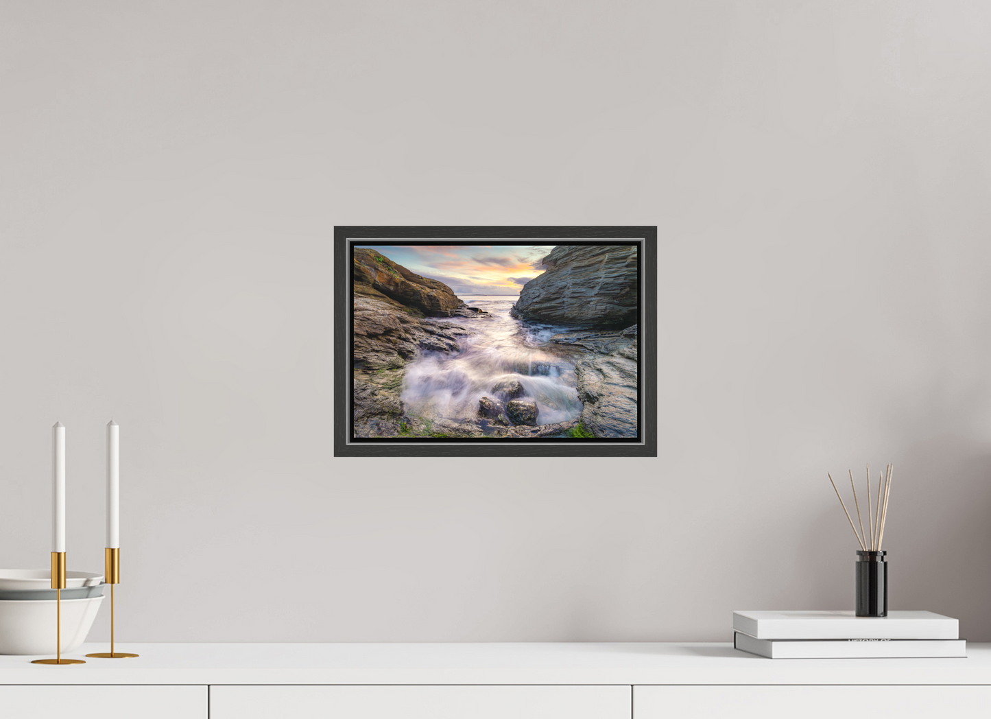 12 x 8″, Matte Canvas Print with Black Wood Floater Frame Waves Approaching