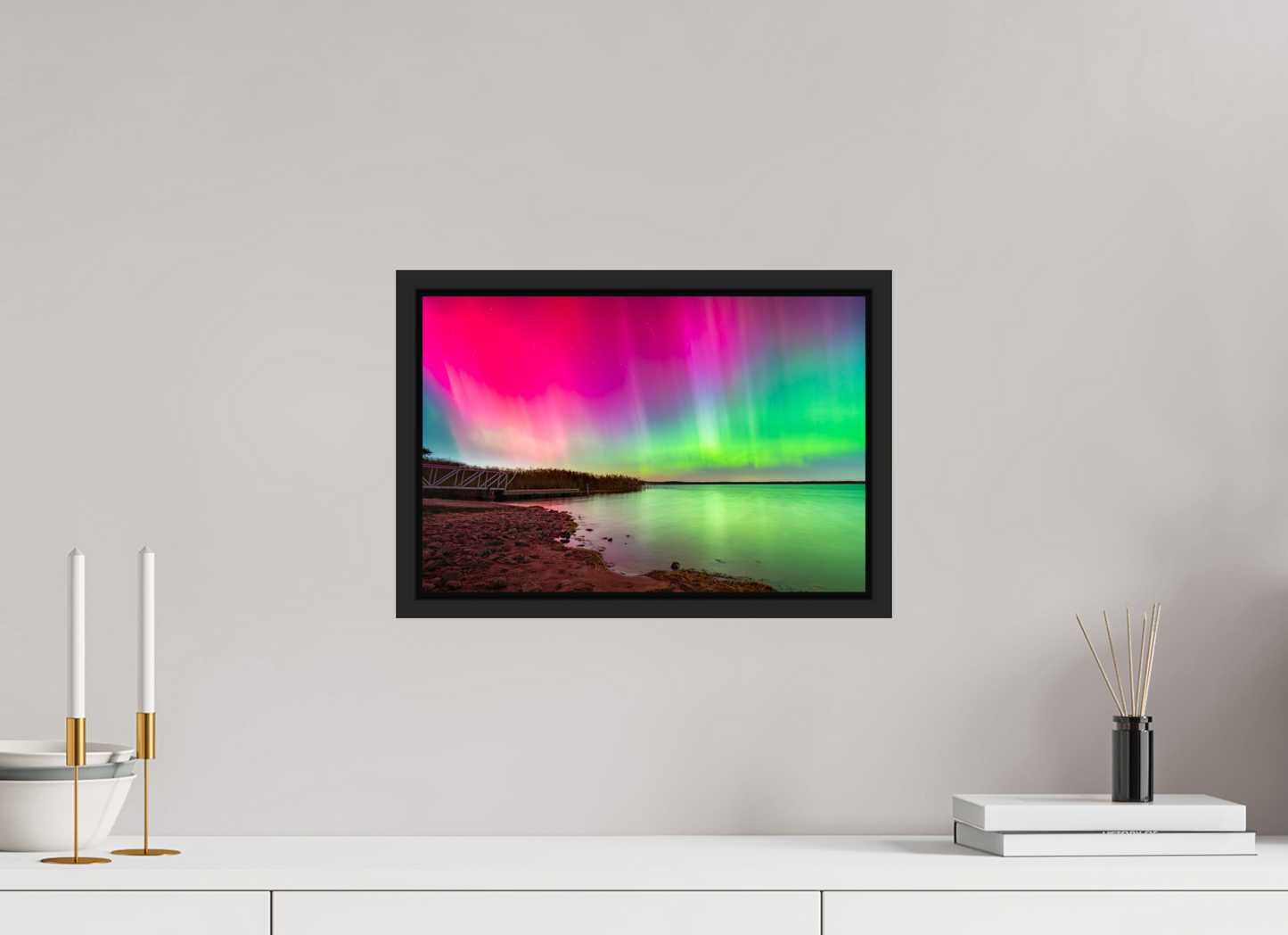 15 x 10″, Photo Print under Acrylic Glass with Black Wood Floater Frame Aurora Borealis Over Wordens Pond