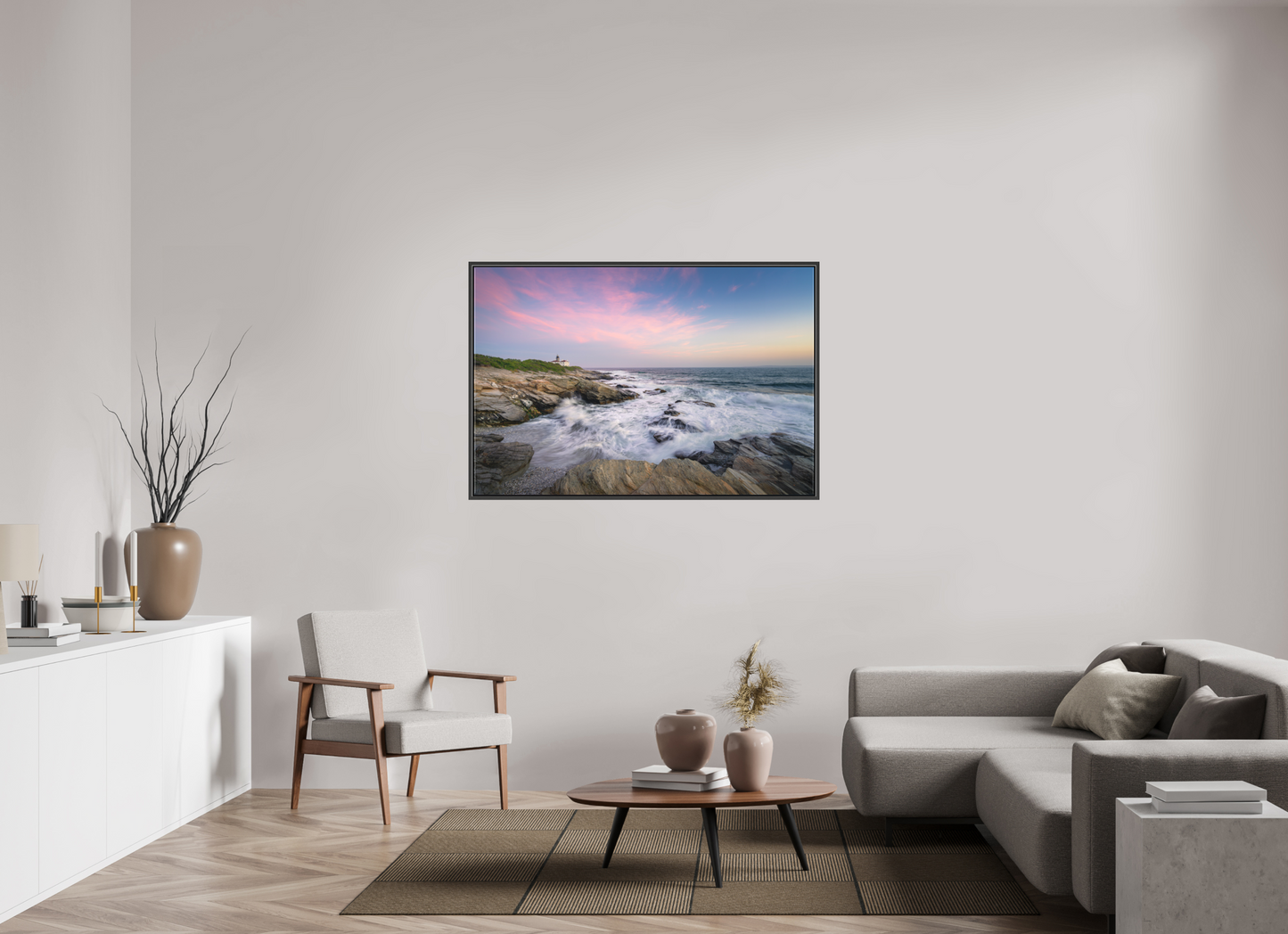 54 x 36″, Matte Canvas Print with Black Wood Floater Frame Rough Seas at Sunset