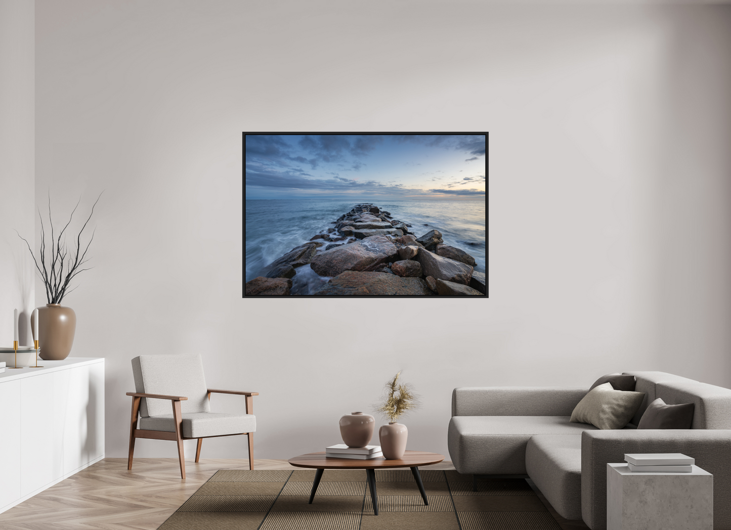 66 x 44″, ChromaLuxe HD Metal Print with Black Wood Floater Frame Roger Wheeler State Beach at Blue Hour