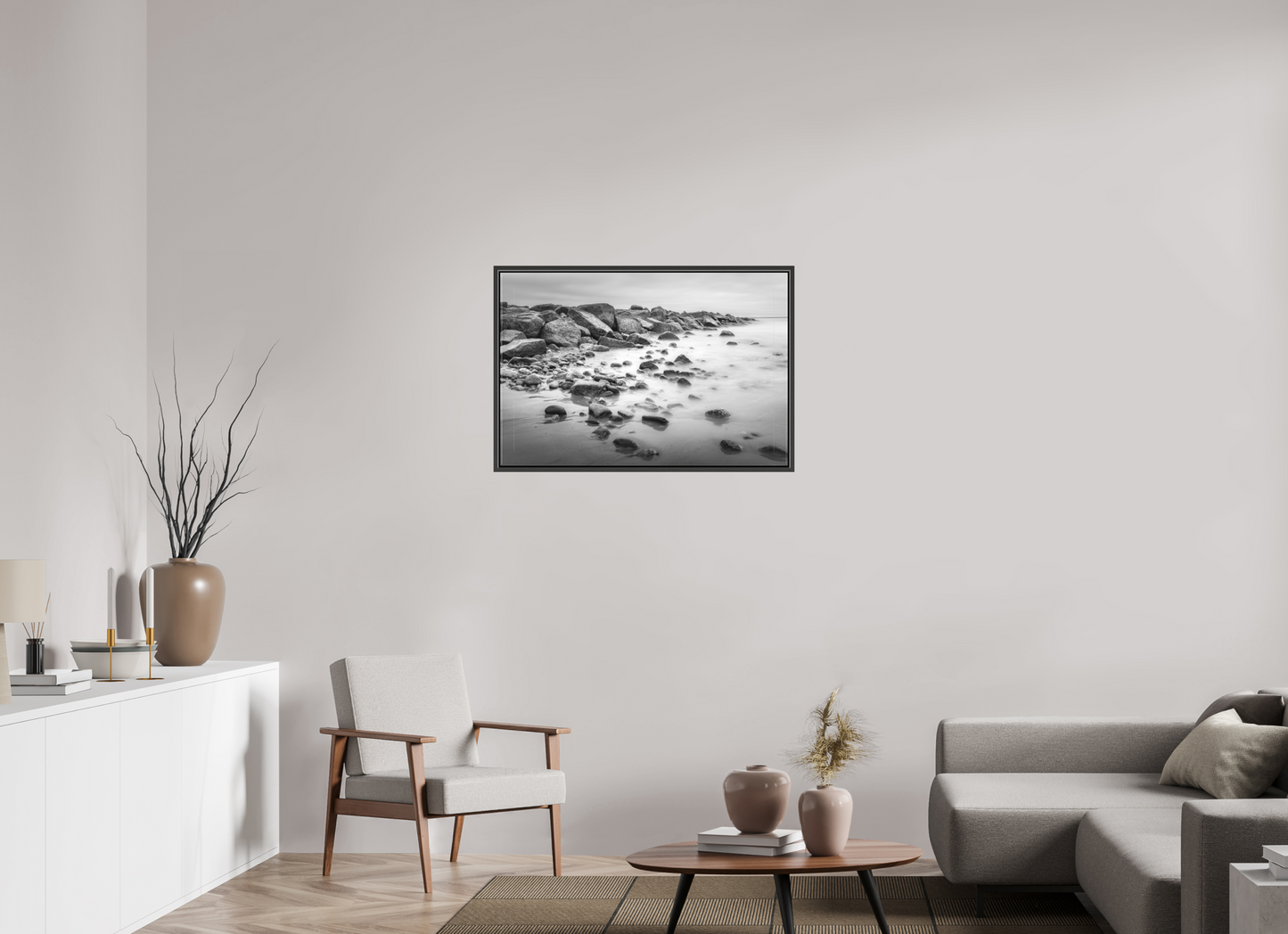 36 x 24″, Matte Canvas Print with Black Wood Floater Frame Overcast Morning at Sand Hill Cove