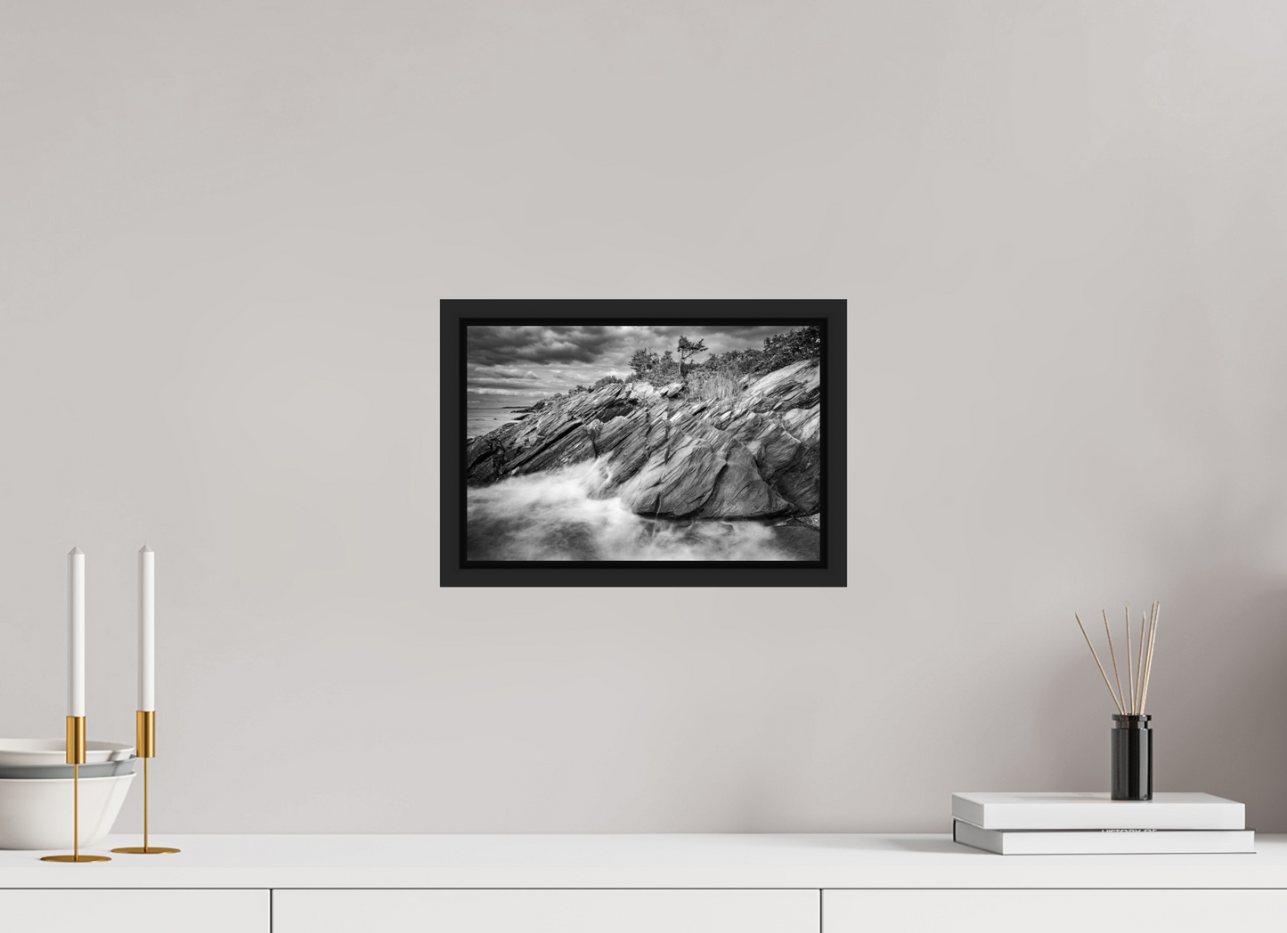 12 x 8″, ChromaLuxe HD Metal Print with Black Wood Floater Frame Rough Seas Against Beavertail Cliffs