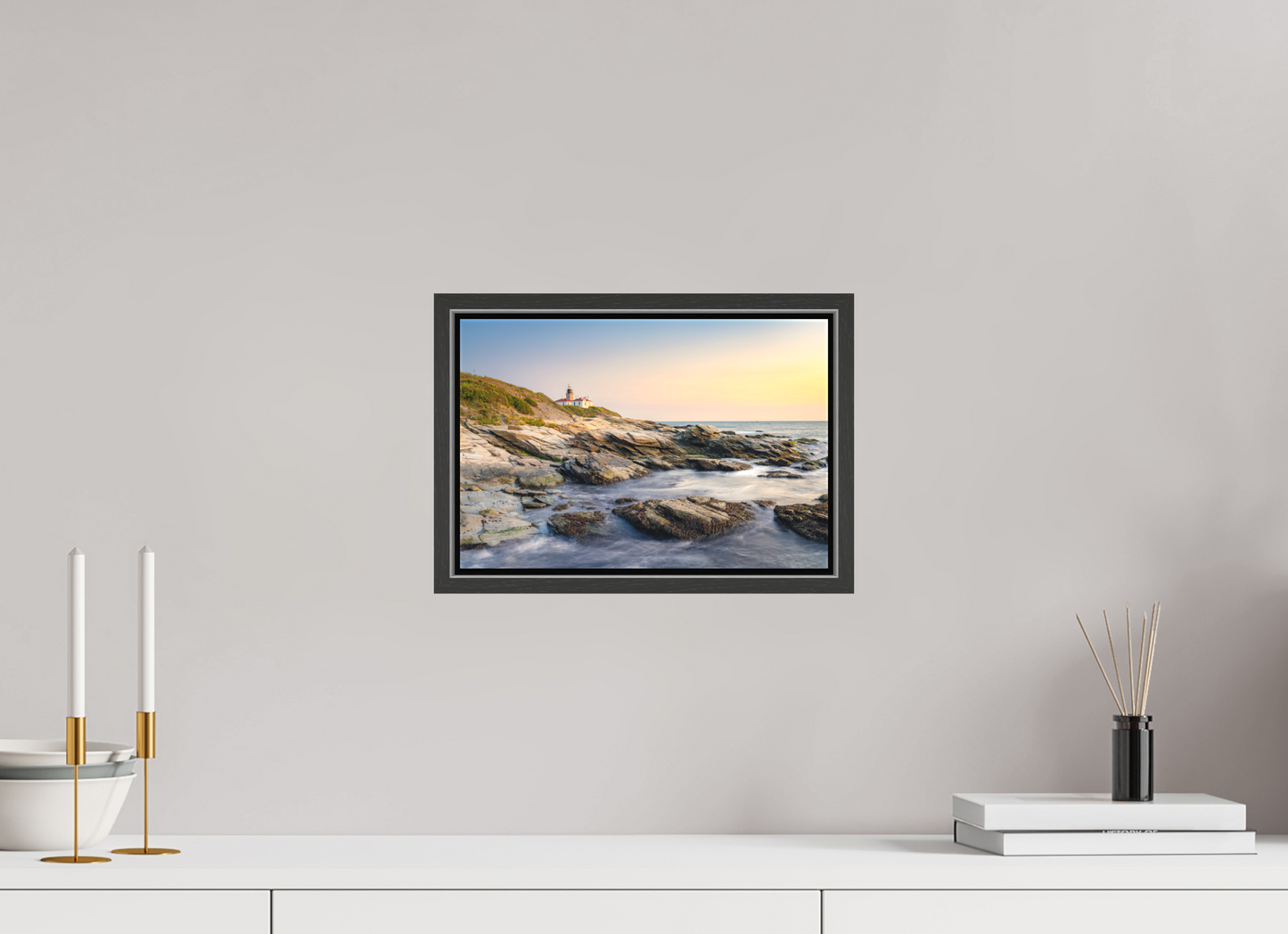 12 x 8″, Matte Canvas Print with Black Wood Floater Frame Quiet Sunset at Beavertail Lighthouse