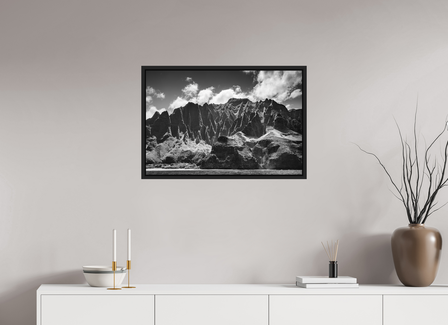 30 x 20″, Photo Print under Acrylic Glass with Black Wood Floater Frame Rugged Coastline Along the Napali Coast