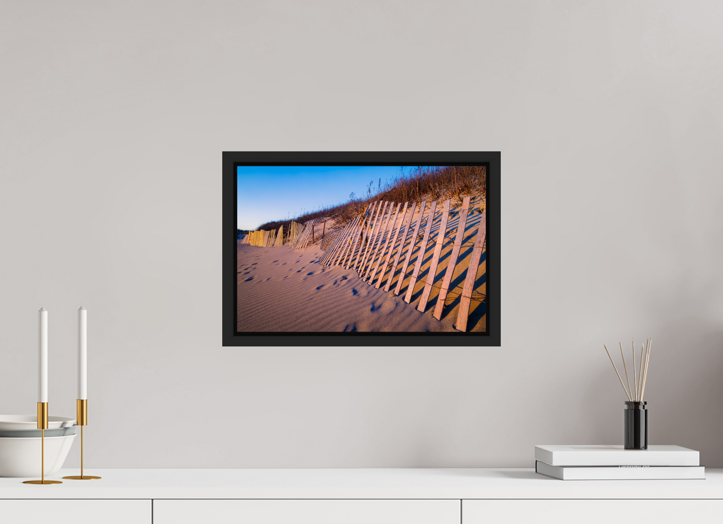 15 x 10″, Photo Print under Acrylic Glass with Black Wood Floater Frame Sunset Glow on Sand Hill Cove Dunes