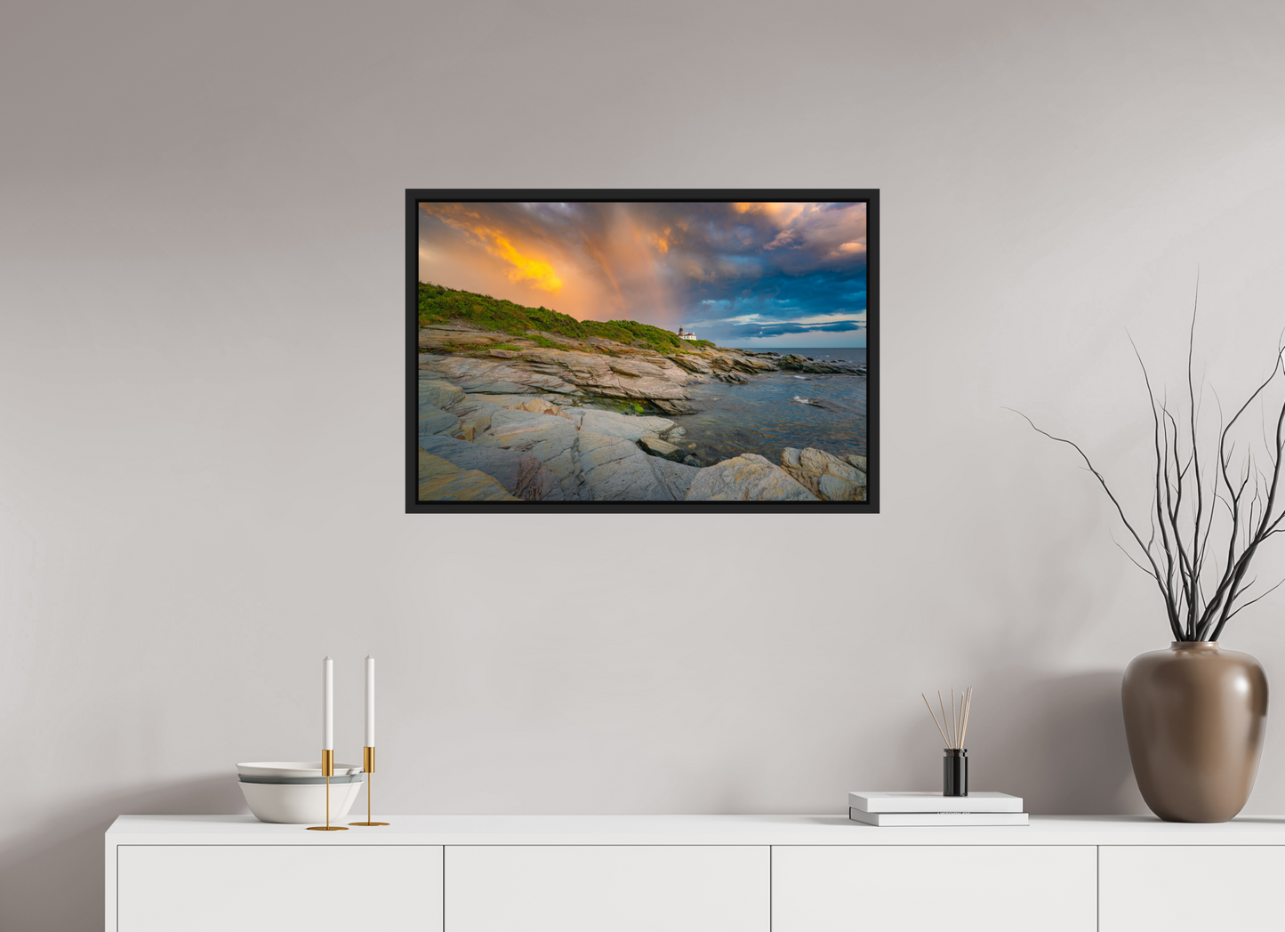 30 x 20″, Premium Photo Print under Acrylic Glass with Black Wood Floater Frame Rainbow Over Beavertail Lighthouse