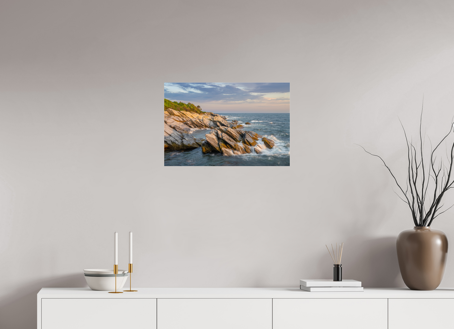 24 x 16″, Premium Photo Print under Acrylic Glass Beavertail Cliffs Approaching Sunset