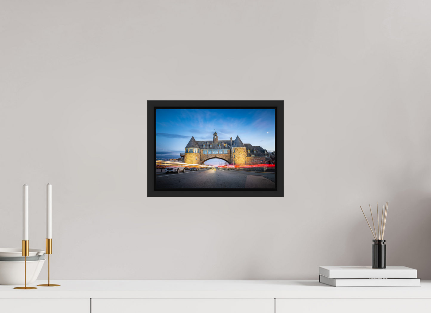 12 x 8″, Photo Print under Acrylic Glass with Black Wood Floater Frame Narragansett Towers and Light Trails