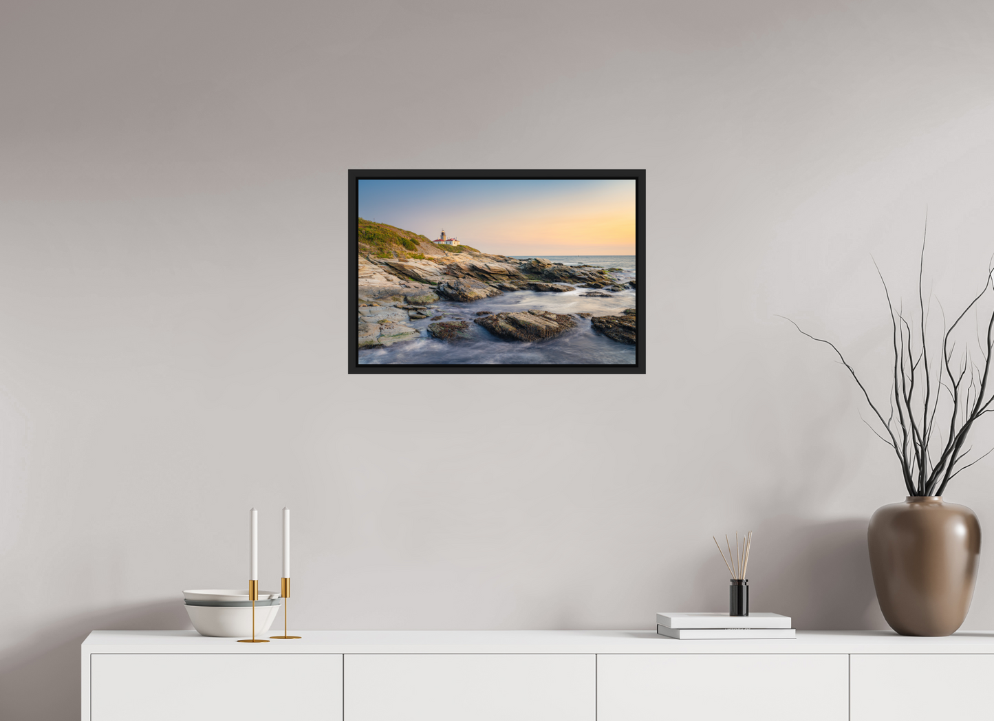 24 x 16″, Premium Photo Print under Acrylic Glass with Black Wood Floater Frame Quiet Sunset at Beavertail Lighthouse