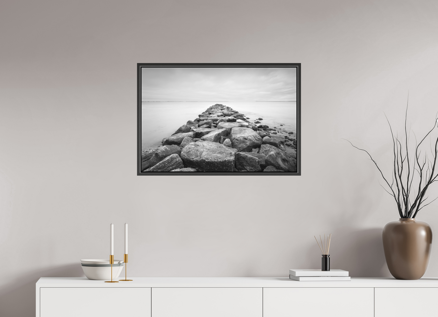 30 x 20″, Matte Canvas Print with Black Wood Floater Frame Sand Hill Cove Rocks