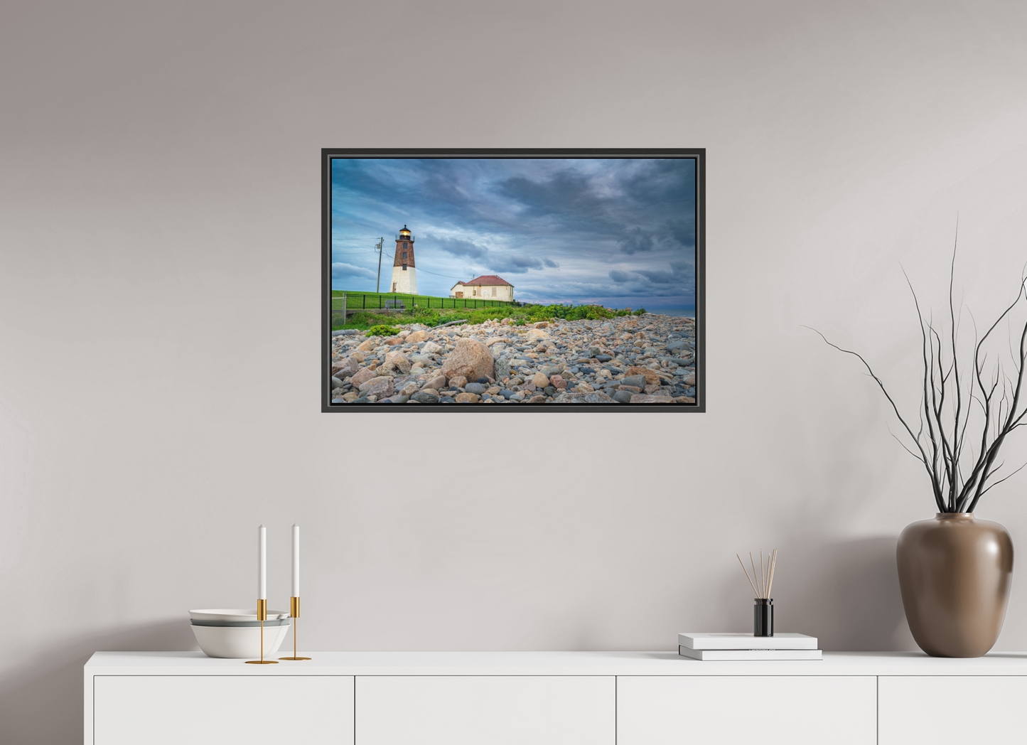 30 x 20″, Matte Canvas Print with Black Wood Floater Frame The Point Judith Lighthouse