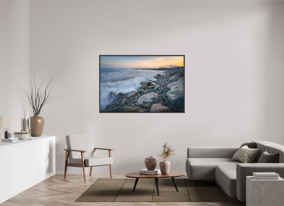 60 x 40″, Matte Canvas Print with Black Wood Floater Frame Waves Crashing at Camp Cronin