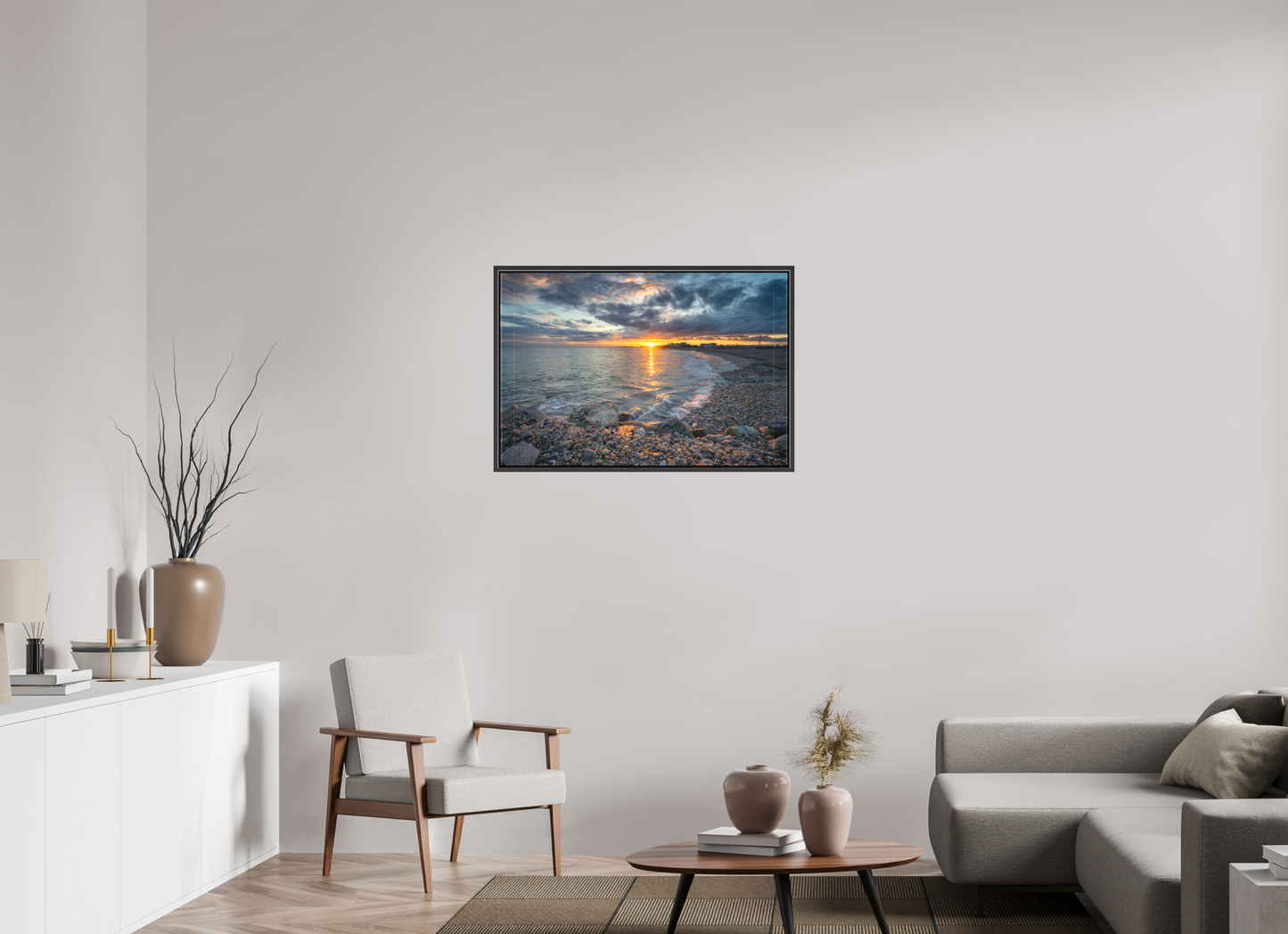 36 x 24″, Matte Canvas Print with Black Wood Floater Frame Roger Wheeler State Beach Sunset