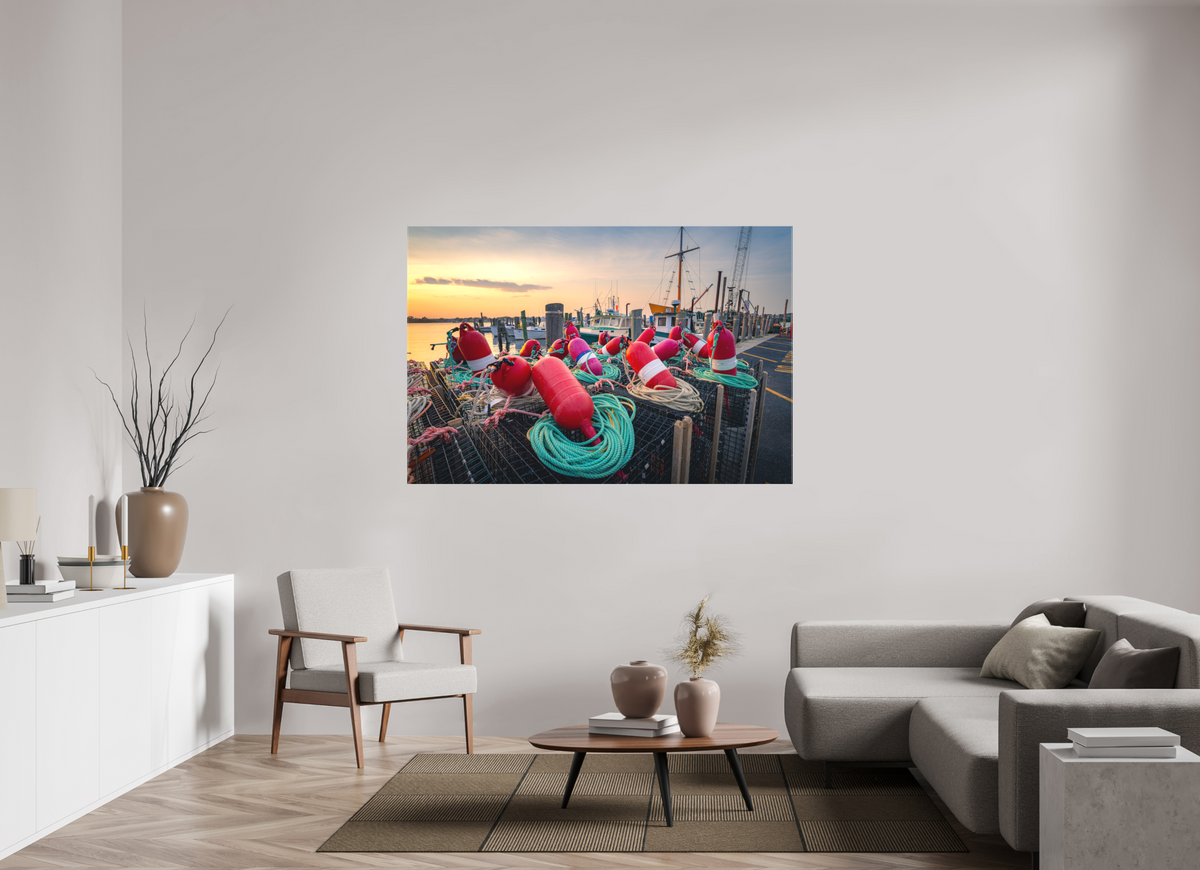 66 x 44″, Matte Canvas Print Buoys, Boats, and Lobster Pots