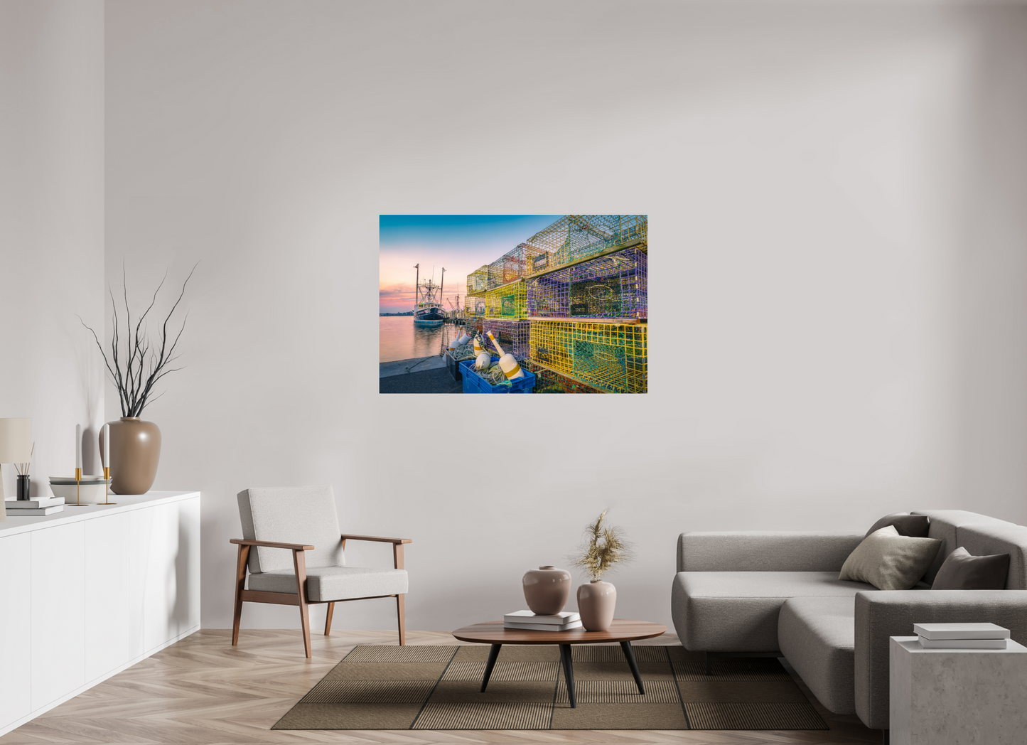 54 x 36″, Premium Photo Print under Acrylic Glass A Wall of Colorful Lobster Pots