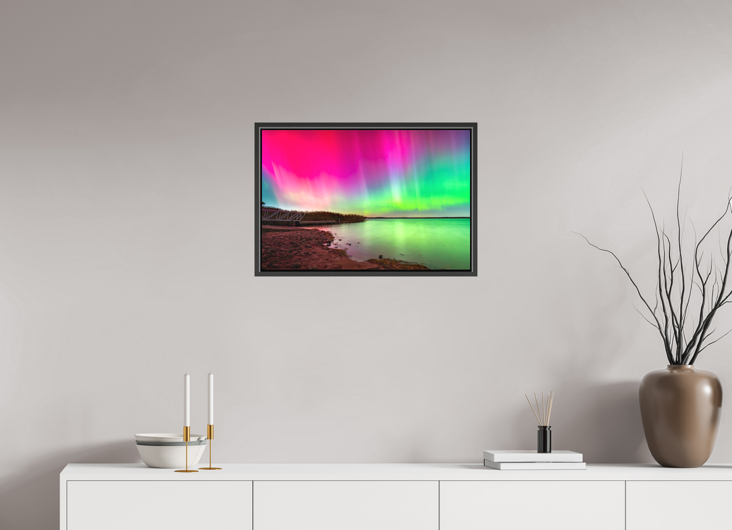 24 x 16″, Matte Canvas Print with Black Wood Floater Frame Aurora Borealis Over Wordens Pond