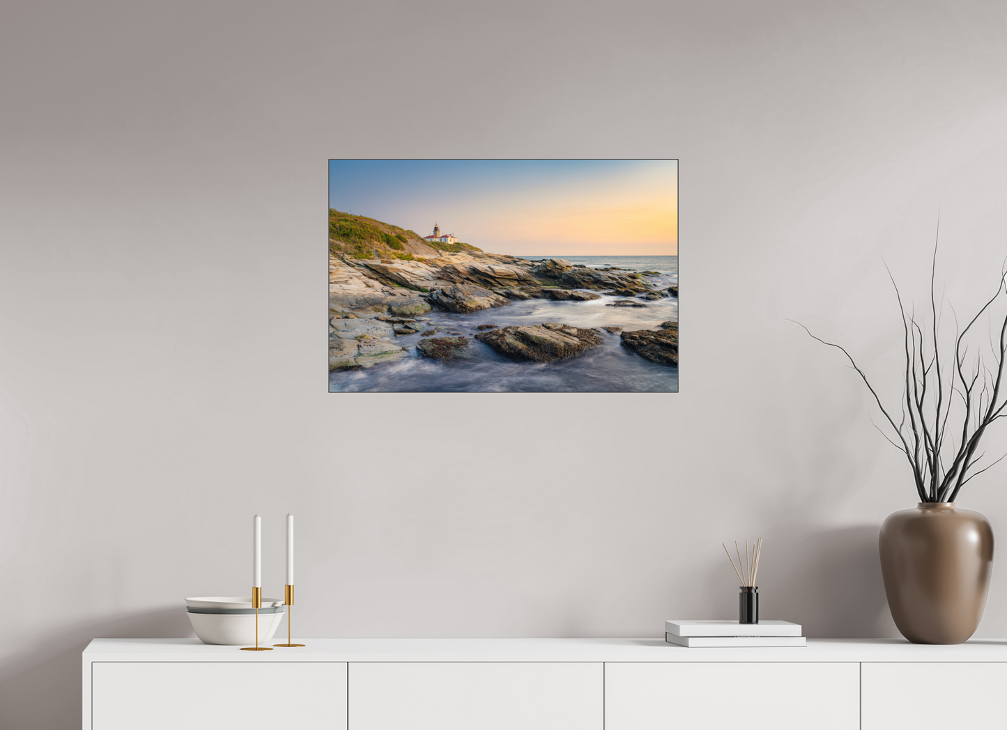 30 x 20″, Premium Photo Print under Acrylic Glass with Black Slimline Case Quiet Sunset at Beavertail Lighthouse