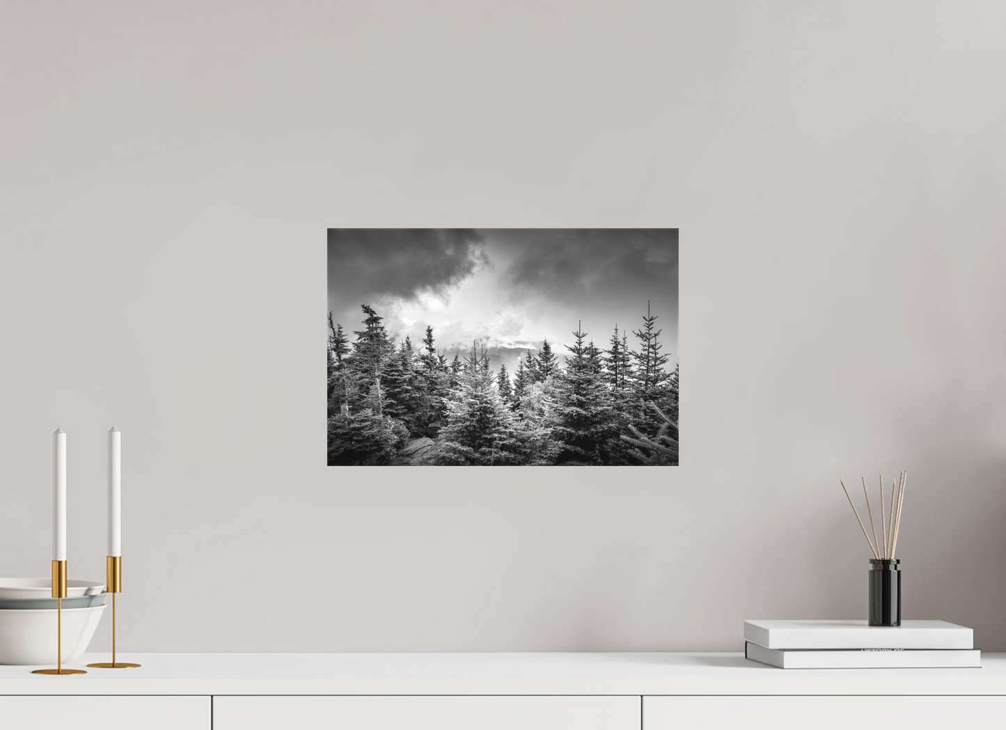 15 x 10″, Matte Canvas Print Pines in Mountain Clouds