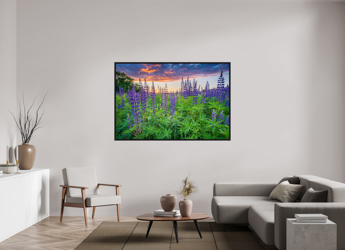 66 x 44″, Premium Photo Print under Acrylic Glass with Black Wood Floater Frame Lupine Sunset