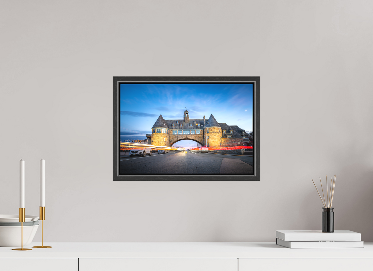 15 x 10″, Matte Canvas Print with Black Wood Floater Frame Narragansett Towers and Light Trails