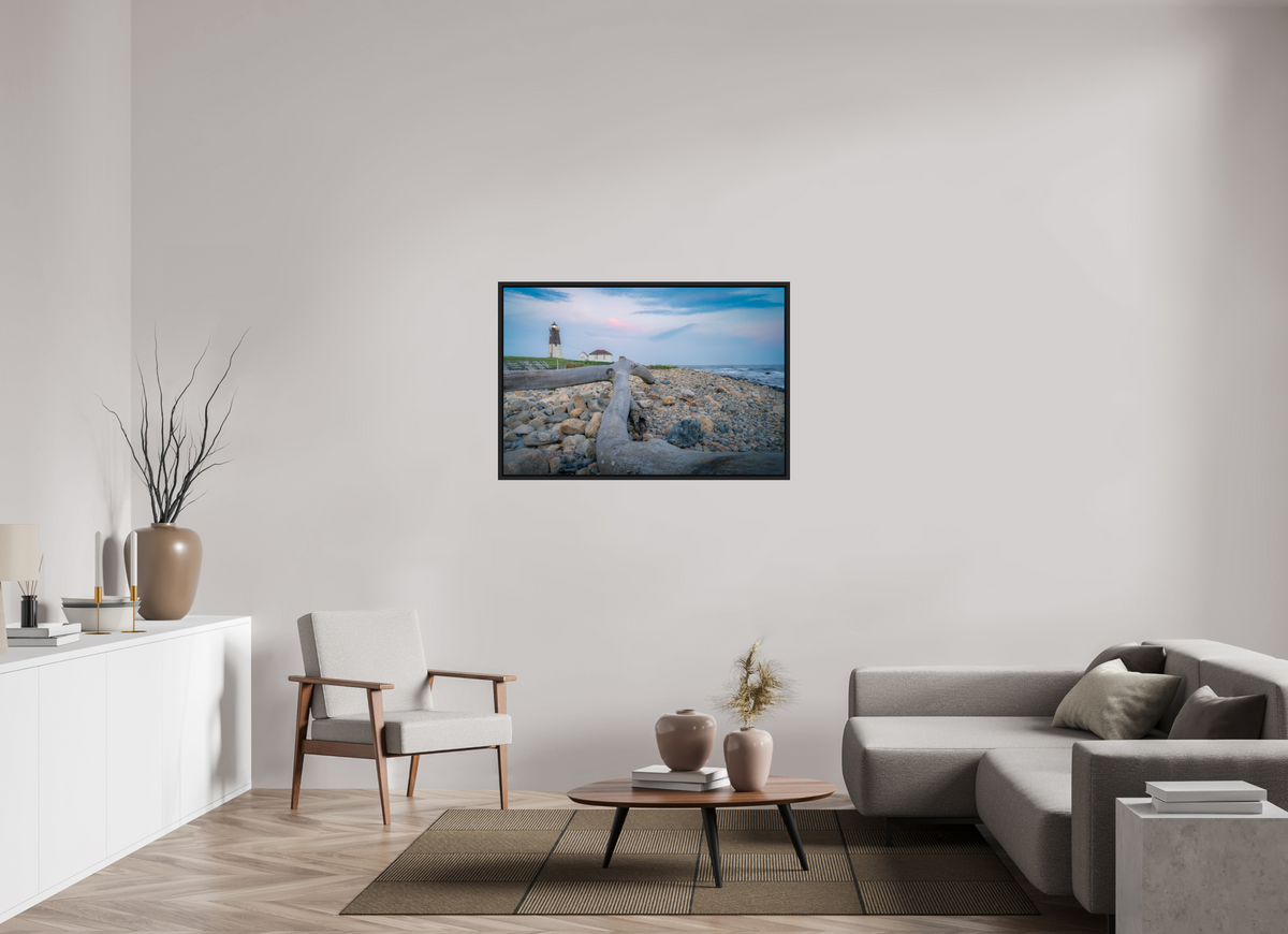 45 x 30″, Premium ChromaLuxe HD Aluminum Metal Print with Black Wood Floater Frame Driftwood at Pt. Judith Lighthouse