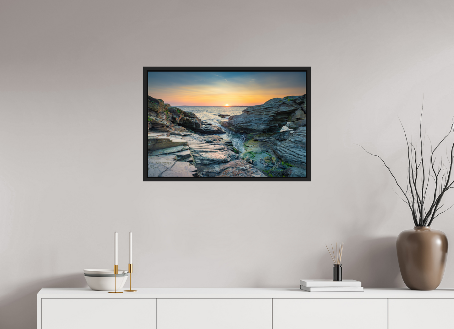 30 x 20″, ChromaLuxe HD Metal Print with Black Wood Floater Frame Sun on the Horizon