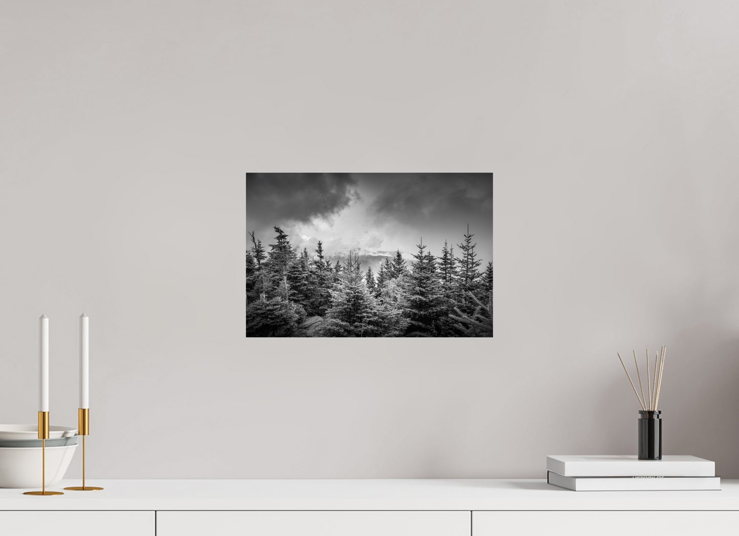 15 x 10″, Metallic Photo Print on Fuji Crystal Pearl Pines in Mountain Clouds