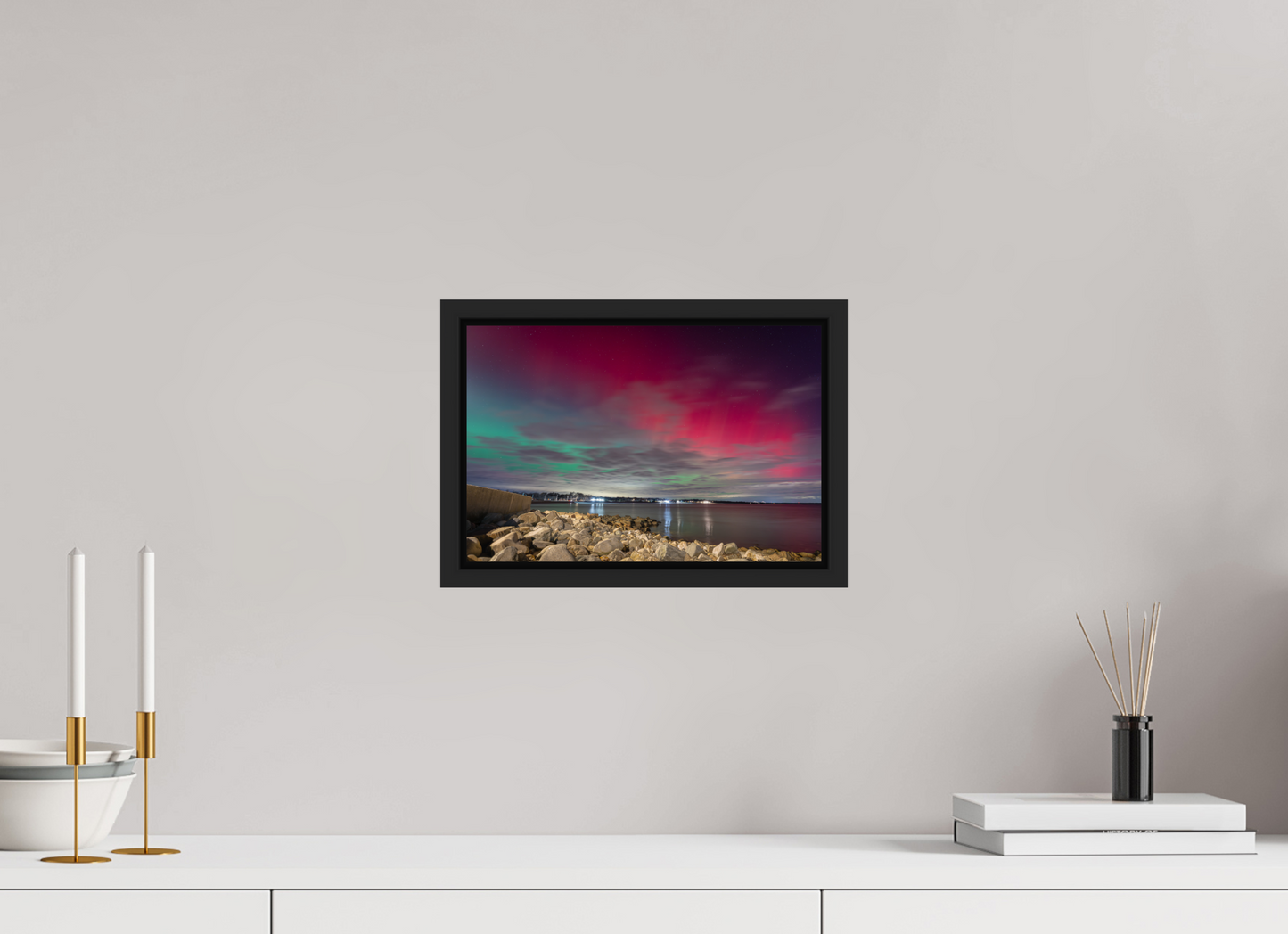 12 x 8″, Premium Photo Print under Acrylic Glass with Black Wood Floater Frame The Aurora Borealis over Narragansett Beach