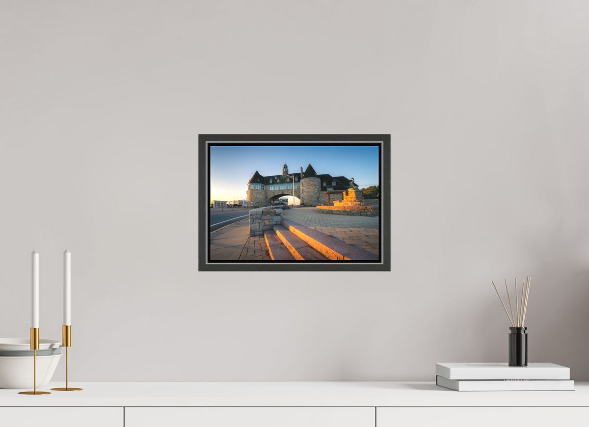 12 x 8″, Matte Canvas Print with Black Wood Floater Frame Golden Sunrise at The Towers