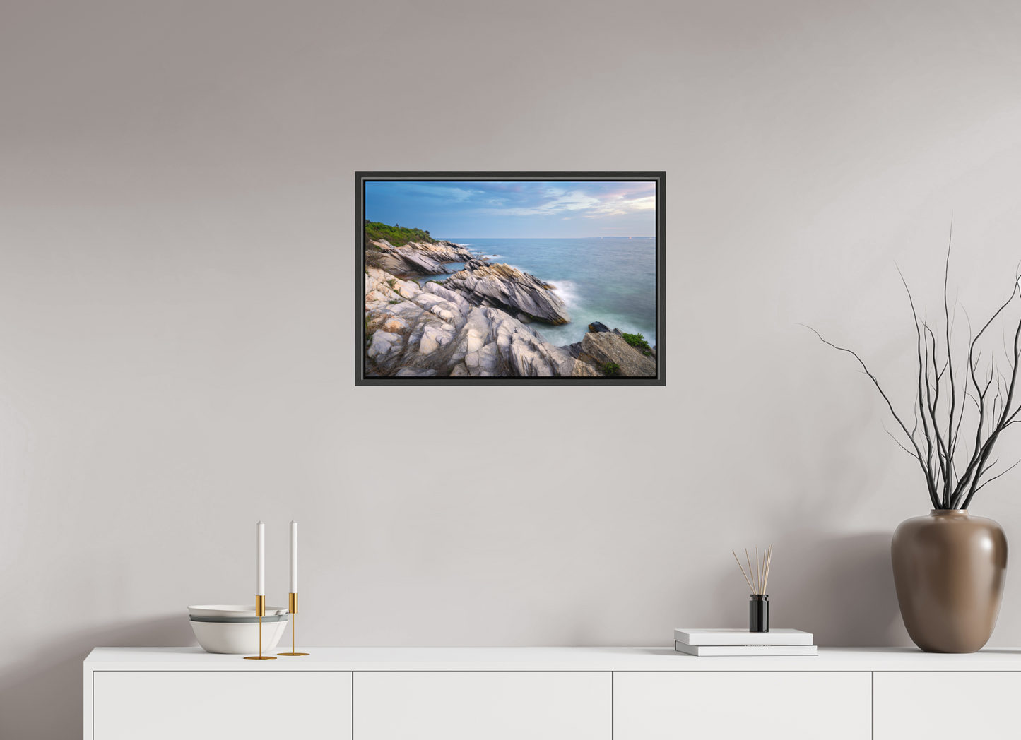 24 x 16″, Matte Canvas Print with Black Wood Floater Frame Blue Hour at Beavertail