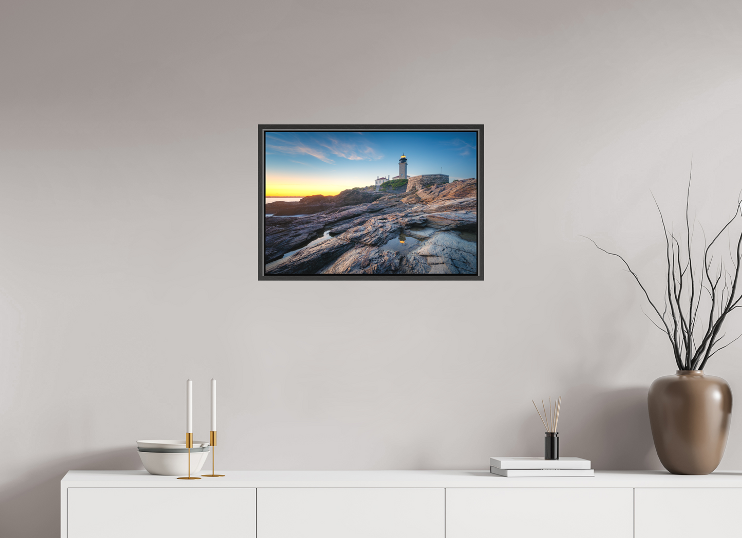 24 x 16″, Matte Canvas Print with Black Wood Floater Frame Beavertail Lighthouse Tide Pool Reflection