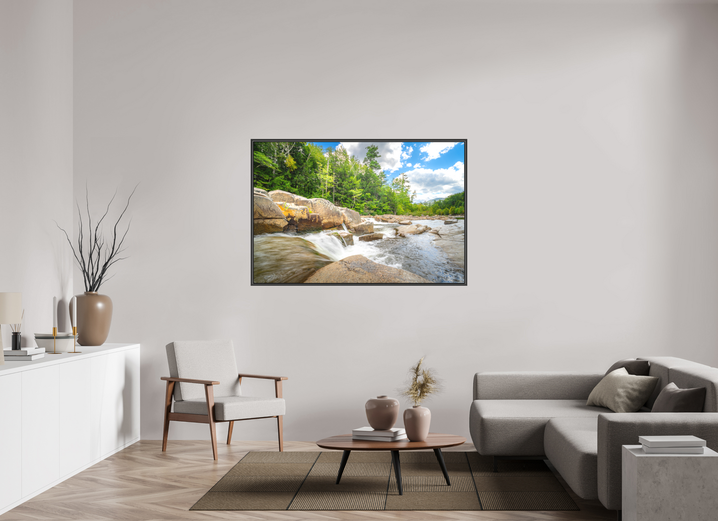 60 x 40″, Matte Canvas Print with Black Wood Floater Frame Over the Falls