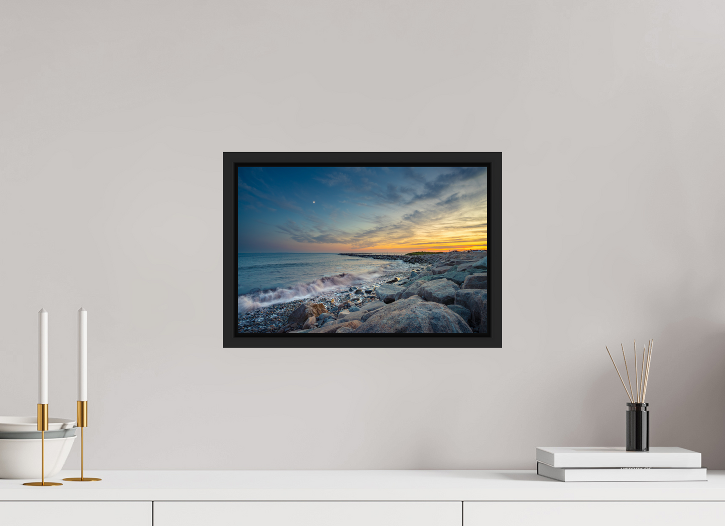 15 x 10″, Photo Print under Acrylic Glass with Black Wood Floater Frame Sunset at Camp Cronin