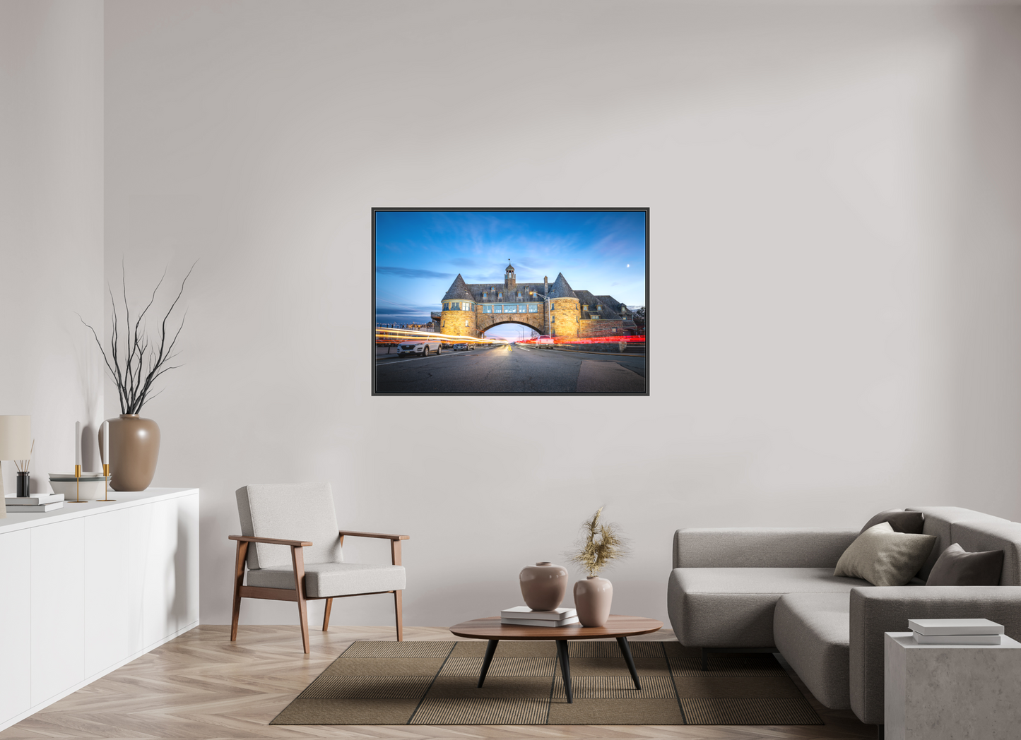 54 x 36″, Matte Canvas Print with Black Wood Floater Frame Narragansett Towers and Light Trails