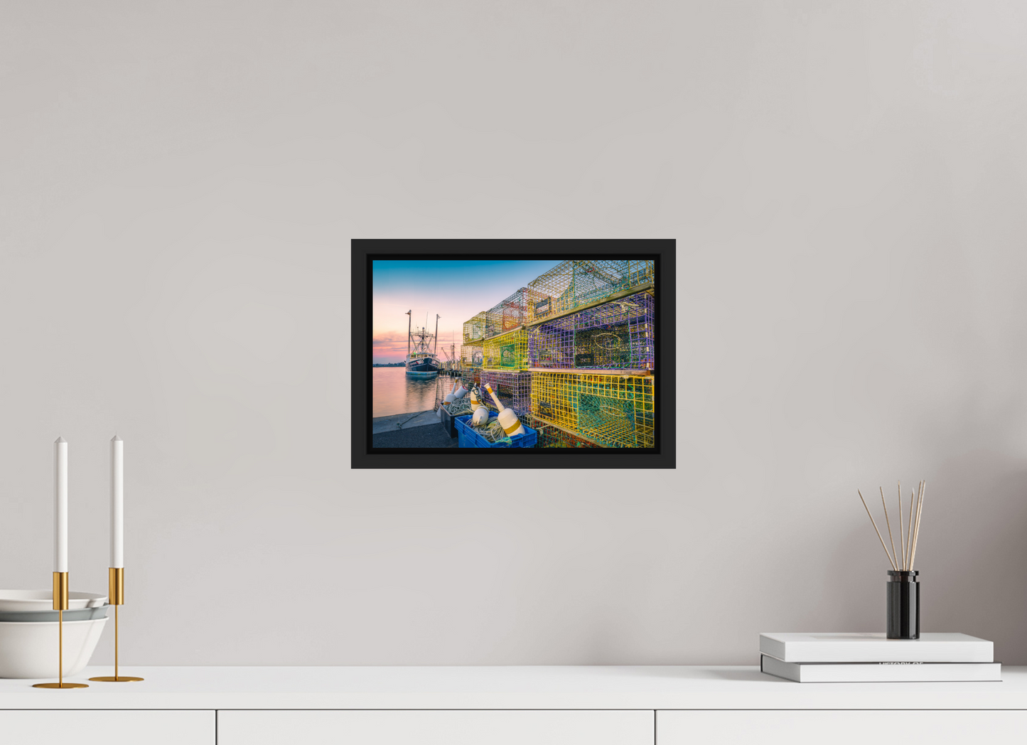 12 x 8″, Premium ChromaLuxe HD Aluminum Metal Print with Black Wood Floater Frame A Wall of Colorful Lobster Pots