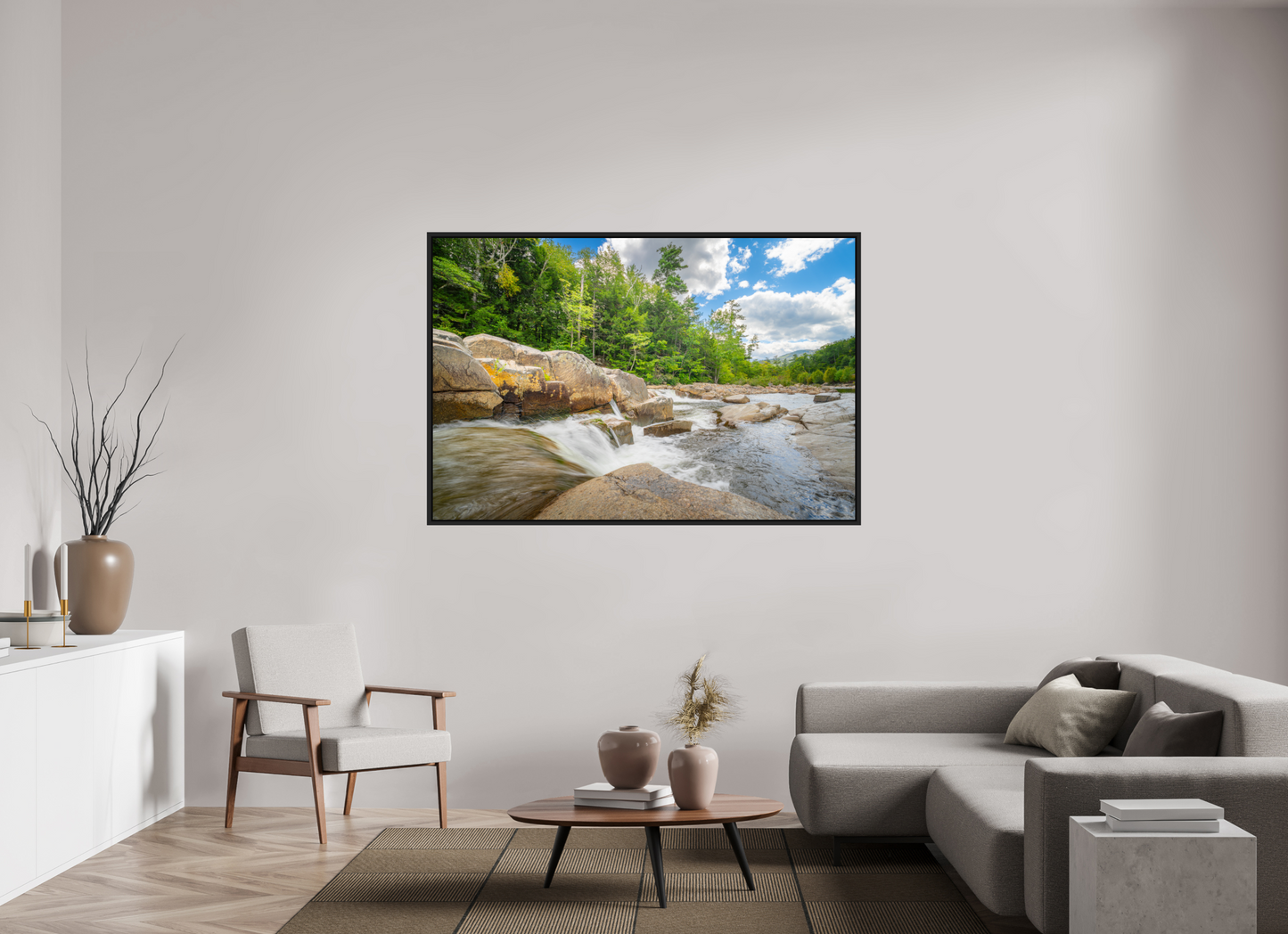 66 x 44″, ChromaLuxe HD Metal Print with Black Wood Floater Frame Over the Falls