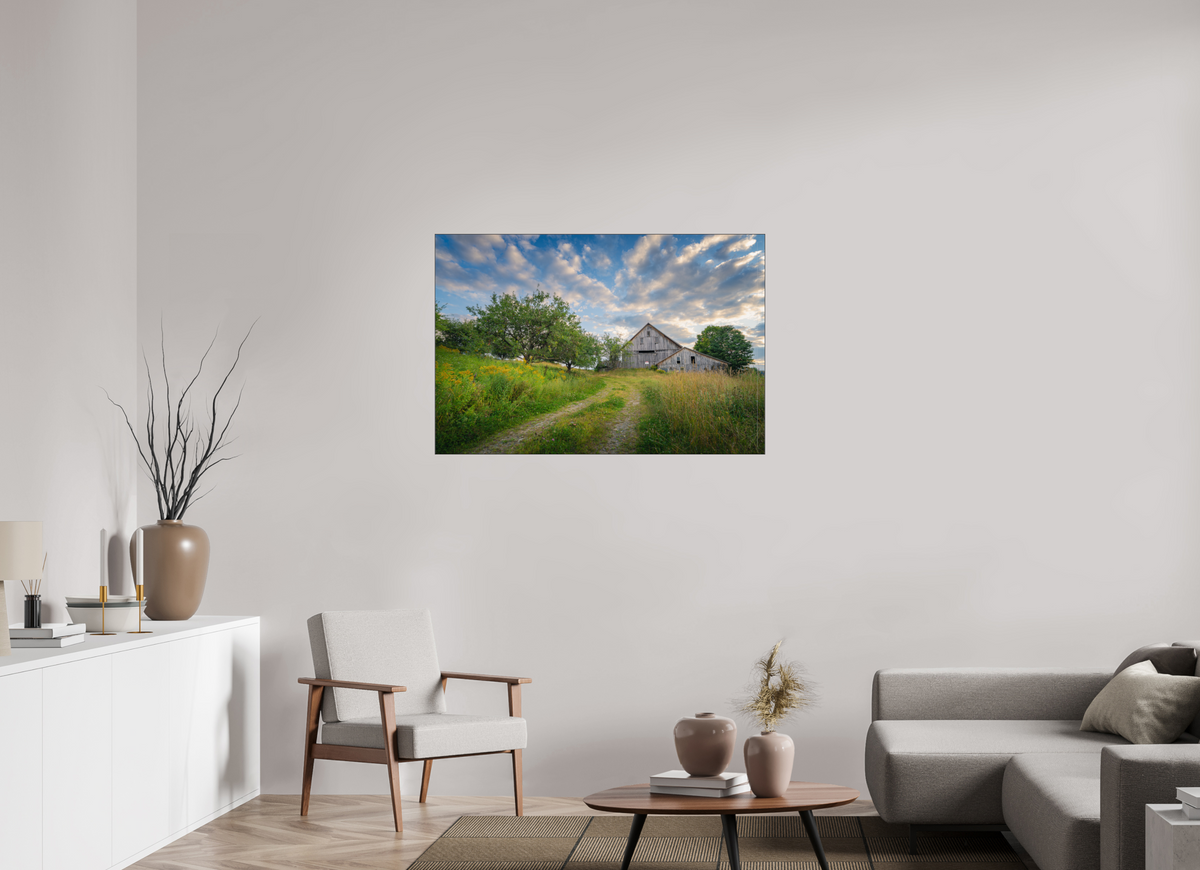 45 x 30″, Premium Photo Print under Acrylic Glass with Black Slimline Case Countryside Barn