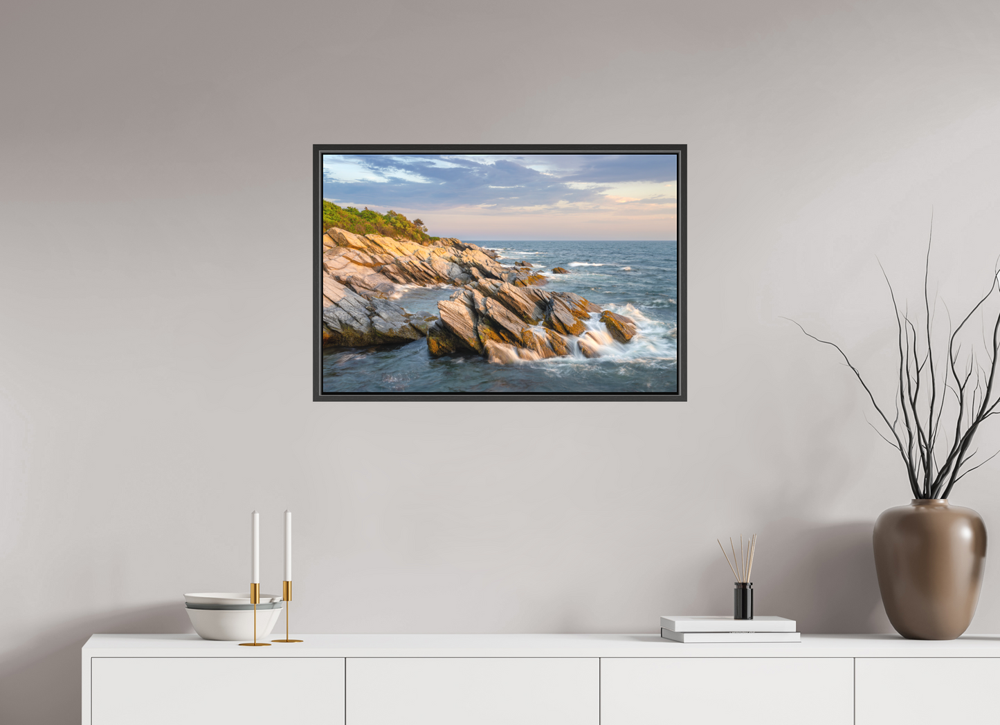 30 x 20″, Matte Canvas Print with Black Wood Floater Frame Beavertail Cliffs Approaching Sunset