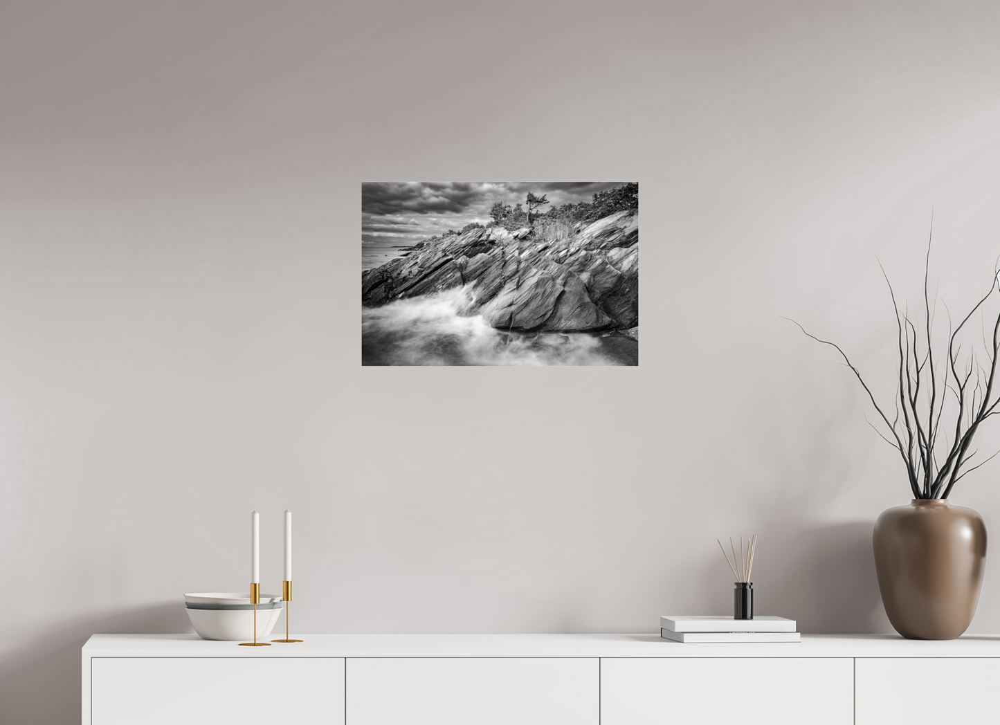 24 x 16″, Photo Print Under Acrylic Glass Rough Seas Against Beavertail Cliffs