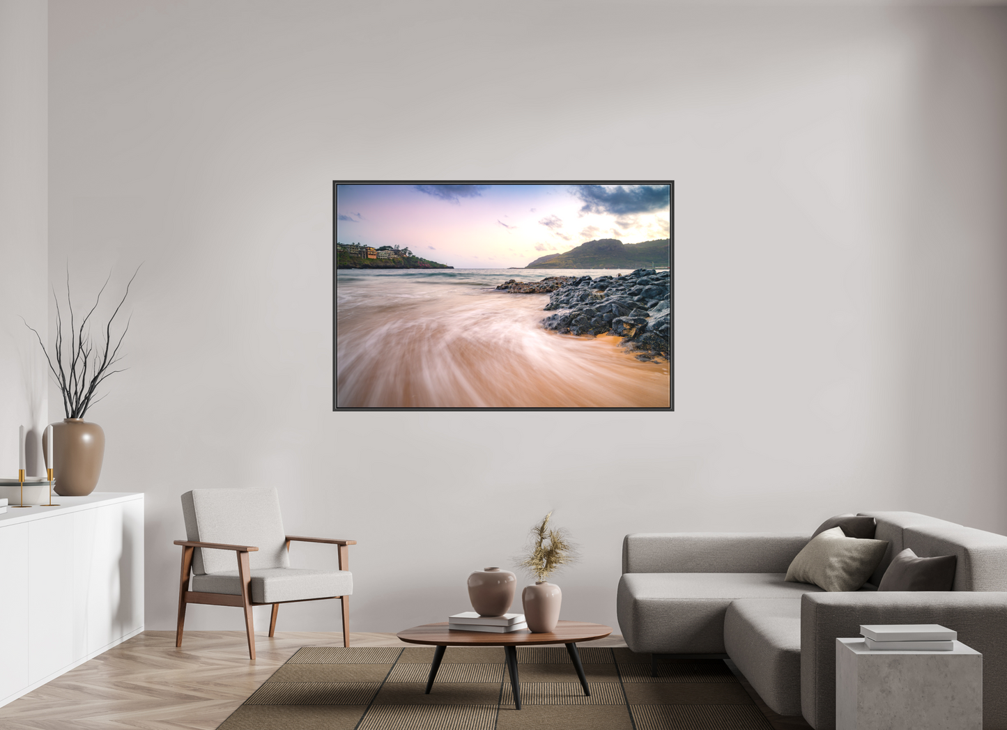66 x 44″, Matte Canvas Print with Black Wood Floater Frame Waves Retreating