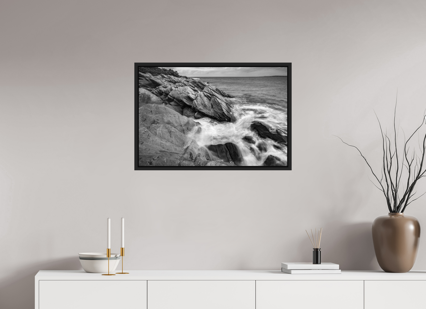 30 x 20″, Photo Print under Acrylic Glass with Black Wood Floater Frame Beavertail Cliffs
