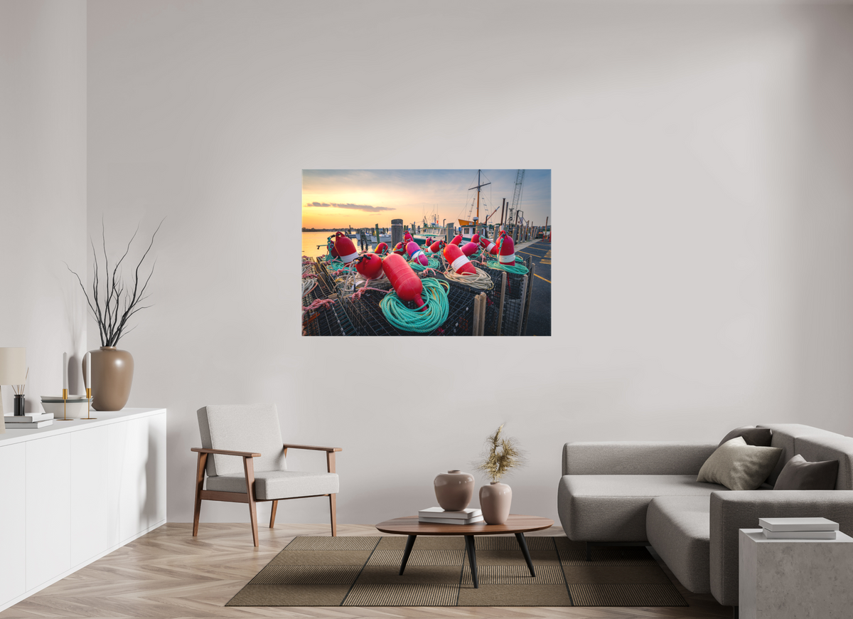 60 x 40″, Matte Canvas Print Buoys, Boats, and Lobster Pots